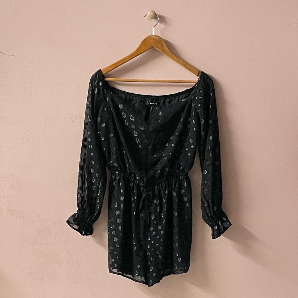 Vintage Y2K Express Black Polka Dotted Long Sleeve Romper Size S EUC